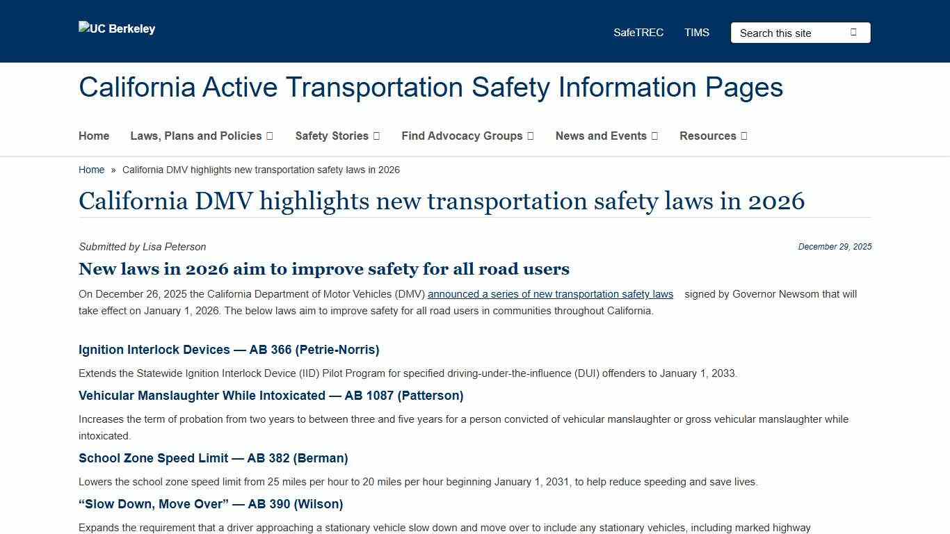 California DMV highlights new transportation safety laws in 2026 California Active Transportation Safety Information Pages (CATSIP)