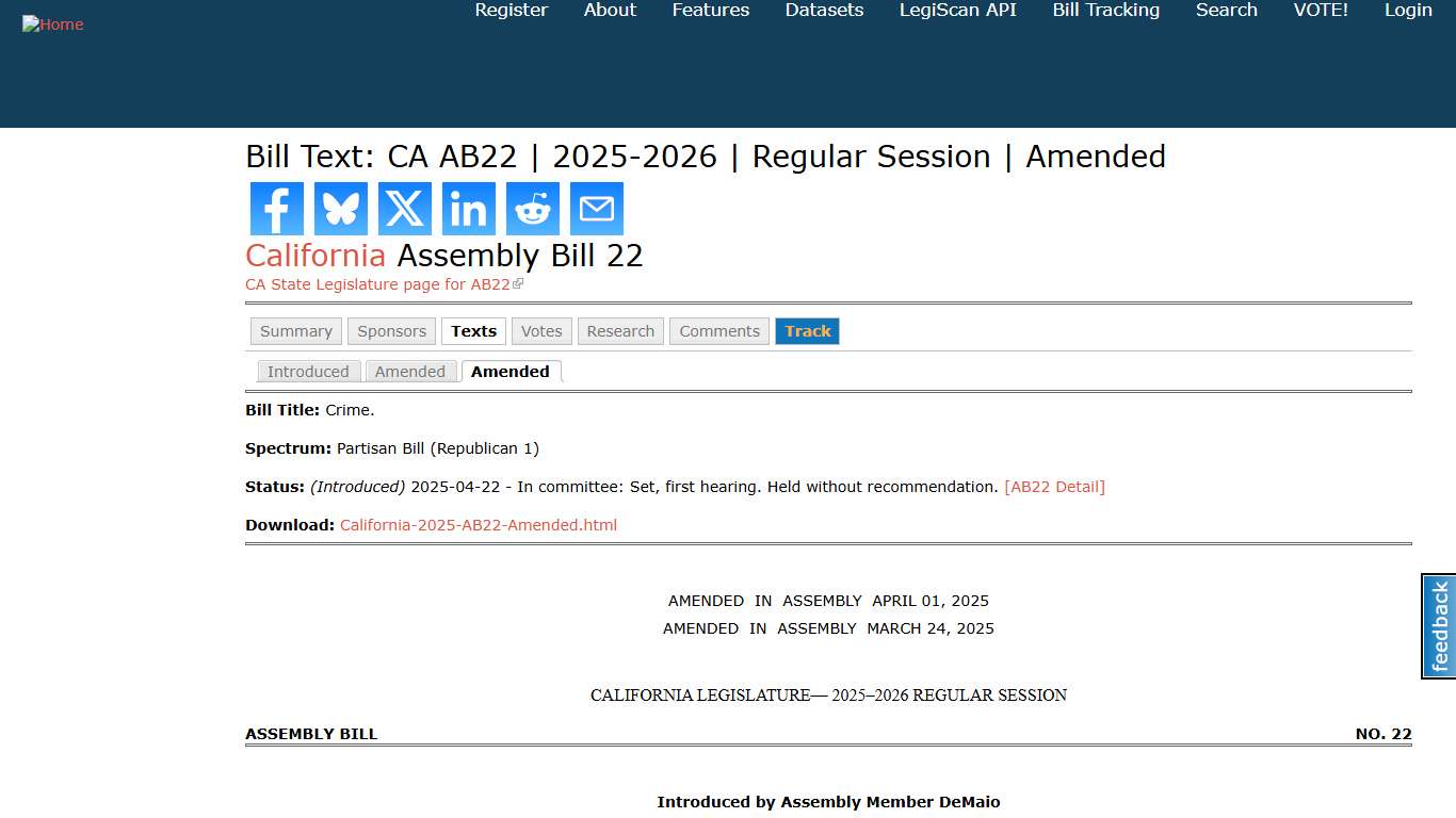 Bill Text: CA AB22 2025-2026 Regular Session Amended LegiScan