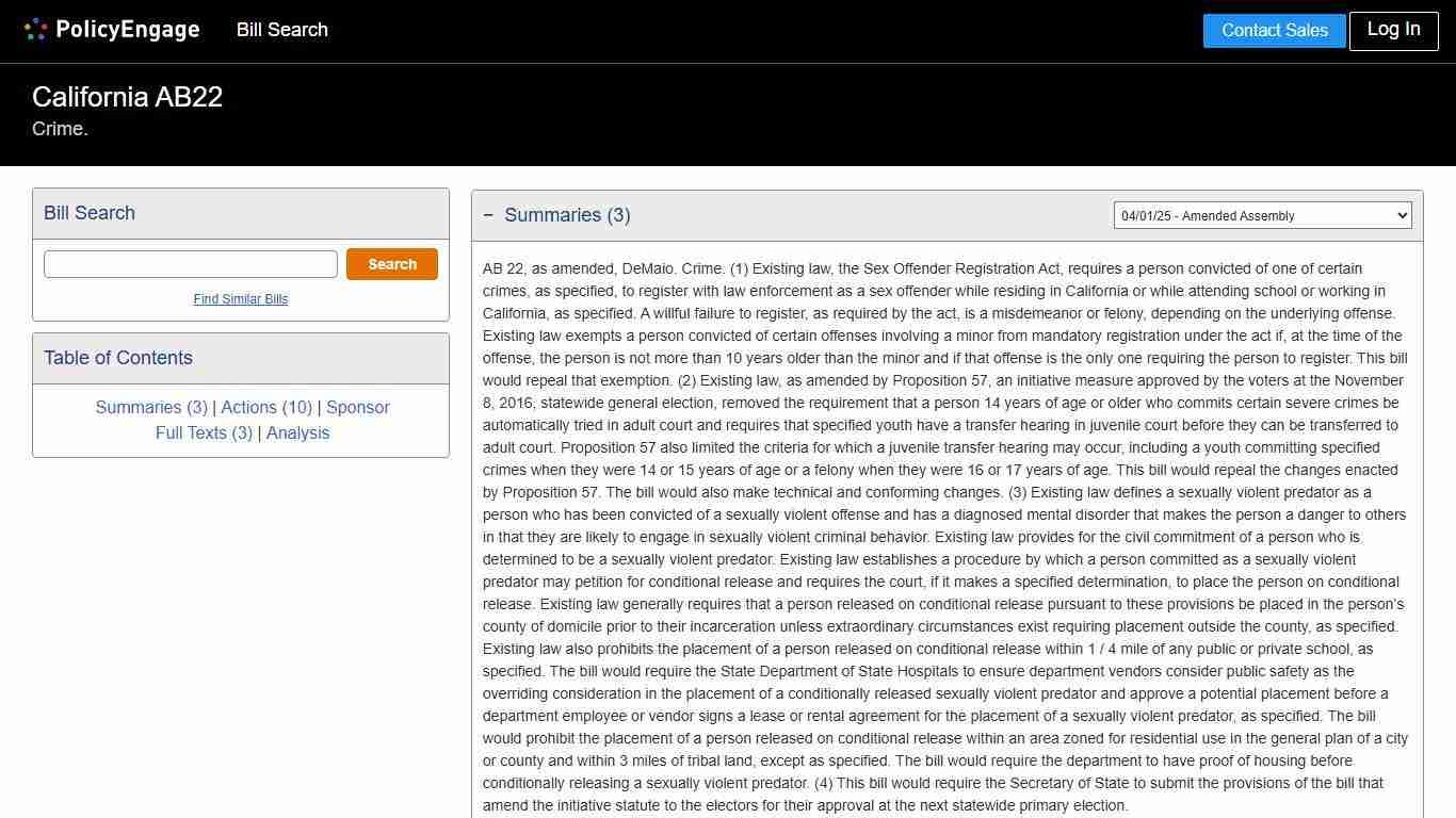 AB22 California 2025-2026 Crime. - Legislative Tracking PolicyEngage