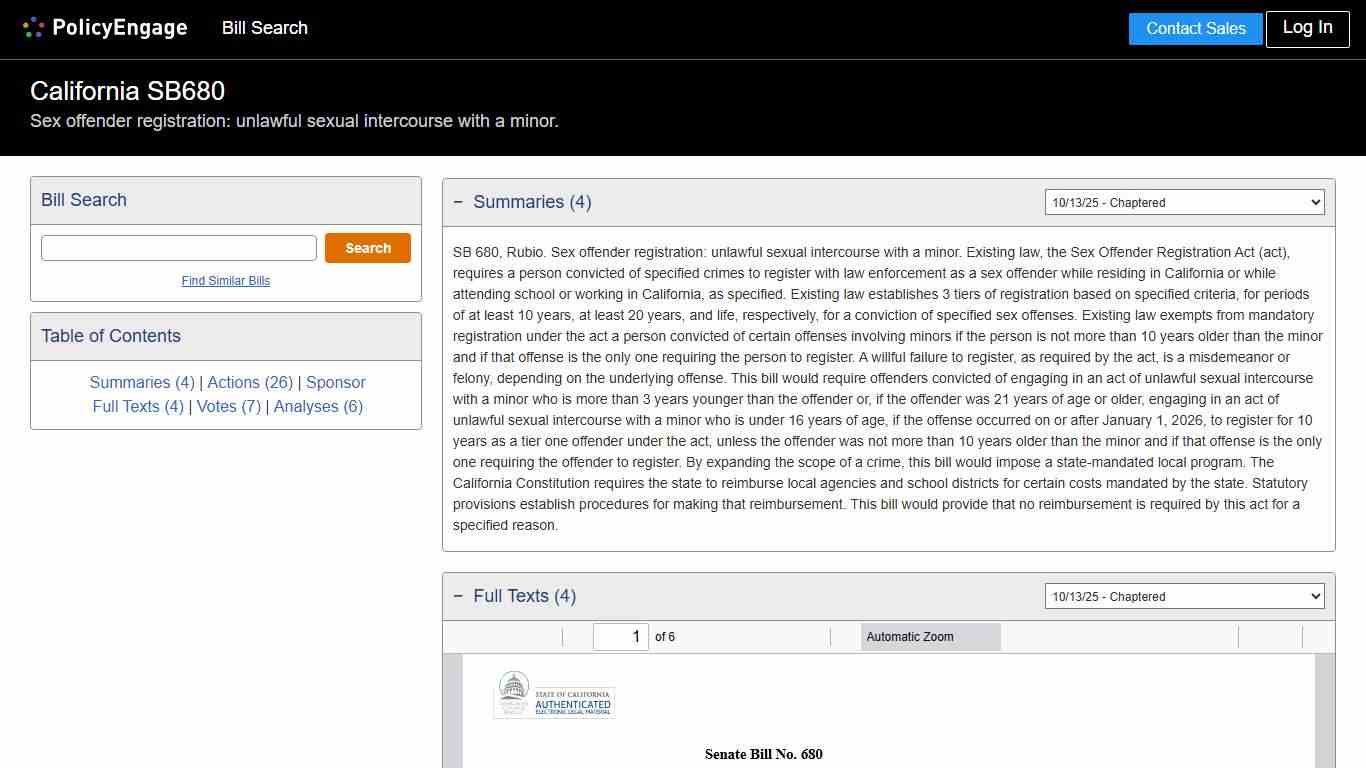 SB680 California 2025-2026 Sex offender registration: unlawful sexual intercourse with a minor. - Legislative Tracking PolicyEngage